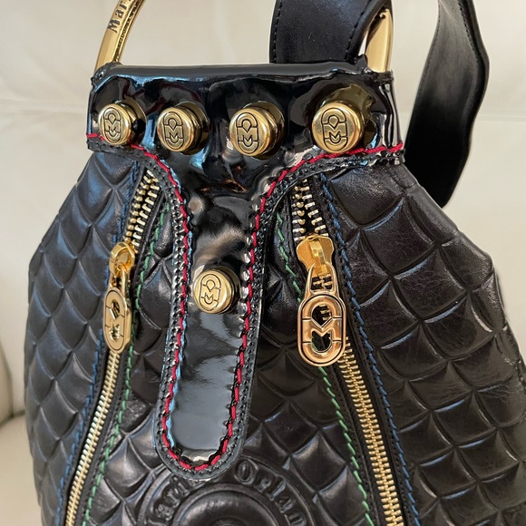 MARINO ORLANDI Italy XL BLACK ShoulderBag/Tote converts to Sling Emboss Leather - Picture 8 of 15